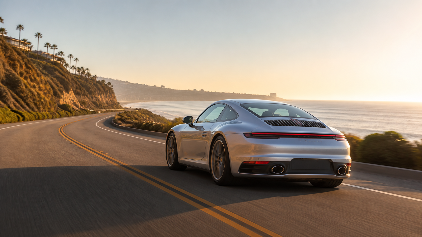 Silver Porsche on the Southern California coast